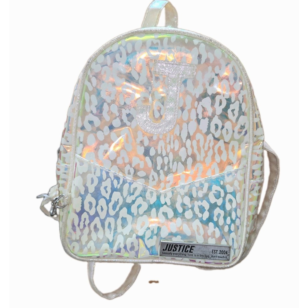 Justice Iridescent Holographic Leopard Print Mini Backpack Initial J Charm Bag